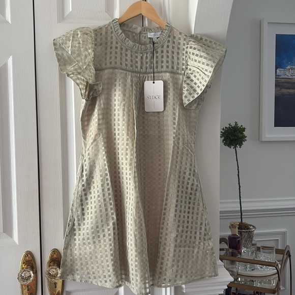 NWT Sedge Dress Celery Green Puff Sleeves Silk / Cotton Luxury Boutique Small - Picture 4 of 11